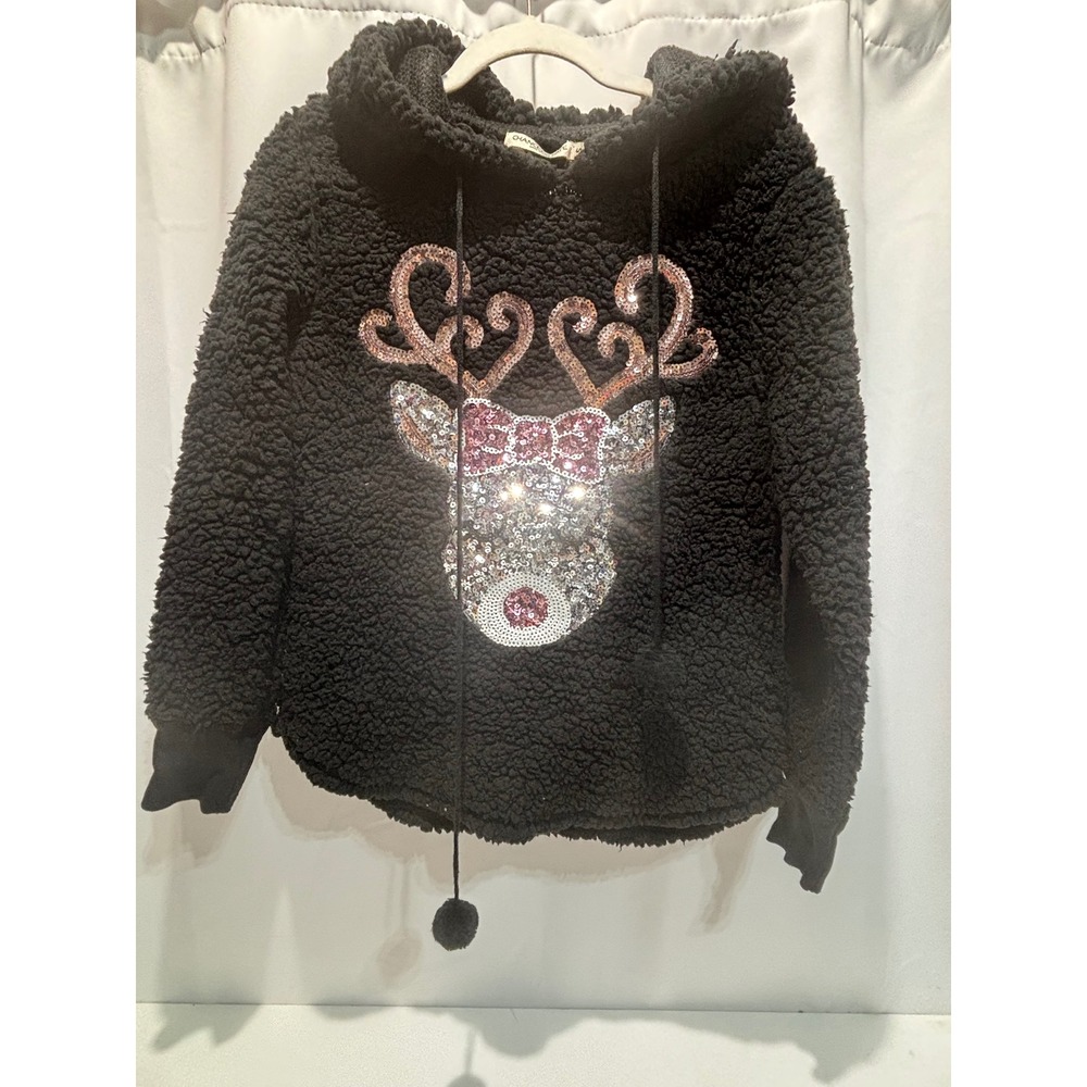 Chance or Fate Sherpa Hoodie Kids Small Black Sequin Reindeer Holiday Pullover